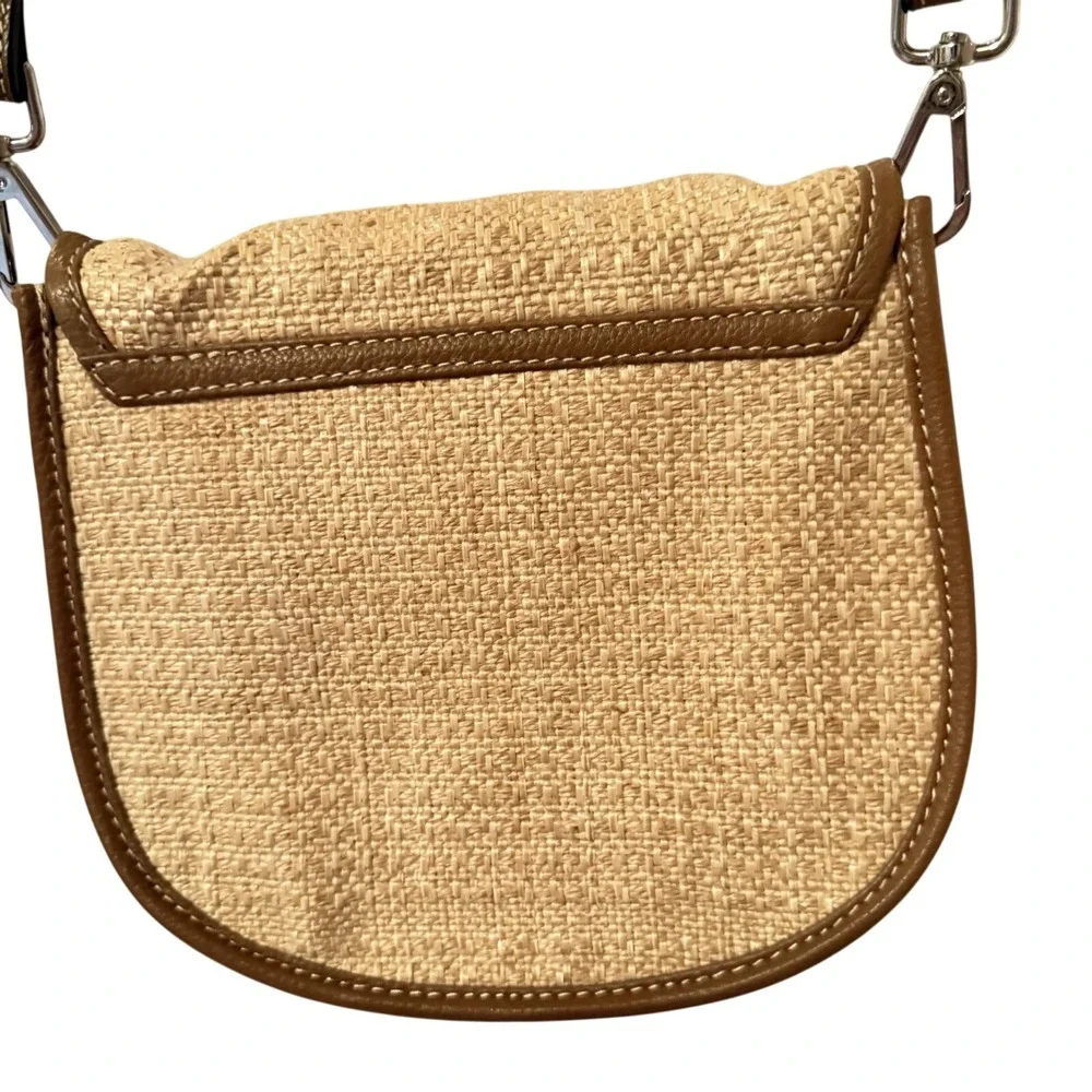 J. Jill Woven Straw Brown Leather‎ Crossbody Saddle Bag Summer Chic Straw Trend